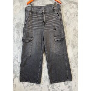 American Eagle Super High Rise Baggy Wide Leg Cargo Jeans Womens 16 S Black Y2K